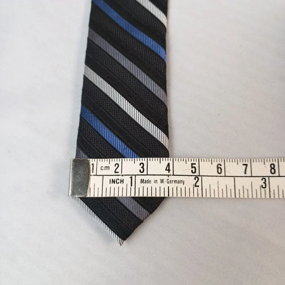 Calvin Klein REPP Stripe Tie Black Blue‎ Silver 100% Silk Men's Neck Tie 54